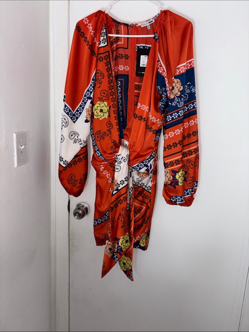 Fashion Nova Orange Floral Bandana Print Wrap Dress